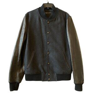 AG Jeans Berret Bomber Baseball Jacket Small Black Charcoal Gray Wool Leather